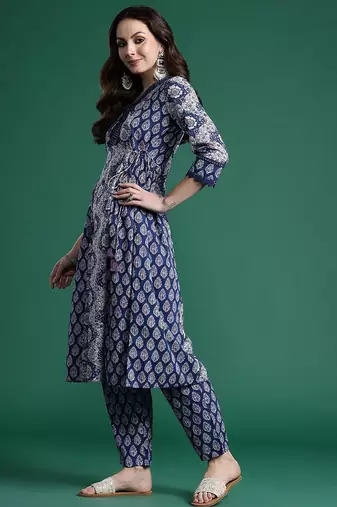 floral printed angrakha mirror work  cotton kurta with trousers