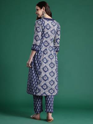 Floral Printed Angrakha Mirror Work Pure Cotton Kurta with Trousers 6