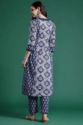 floral printed angrakha mirror work  cotton kurta with trousers