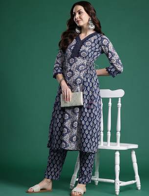Floral Printed Angrakha Mirror Work Pure Cotton Kurta with Trousers 7