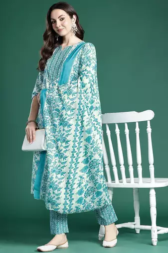 Floral Printed Kurta with Trousers & Dupatta