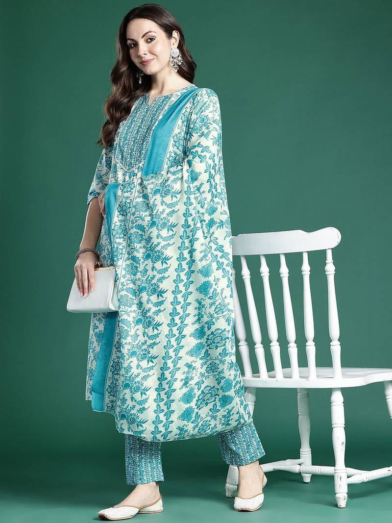 Floral Printed Kurta with Trousers & Dupatta