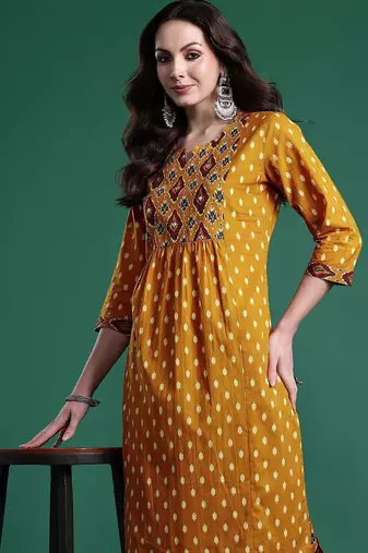 Women Printed Pleated Mirror Work Pure Cotton Kurta with Trousers
