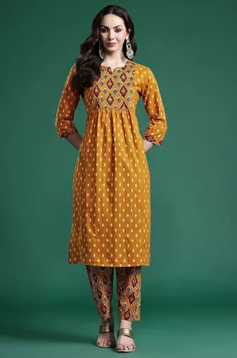 Women Printed Pleated Mirror Work Pure Cotton Kurta with Trousers