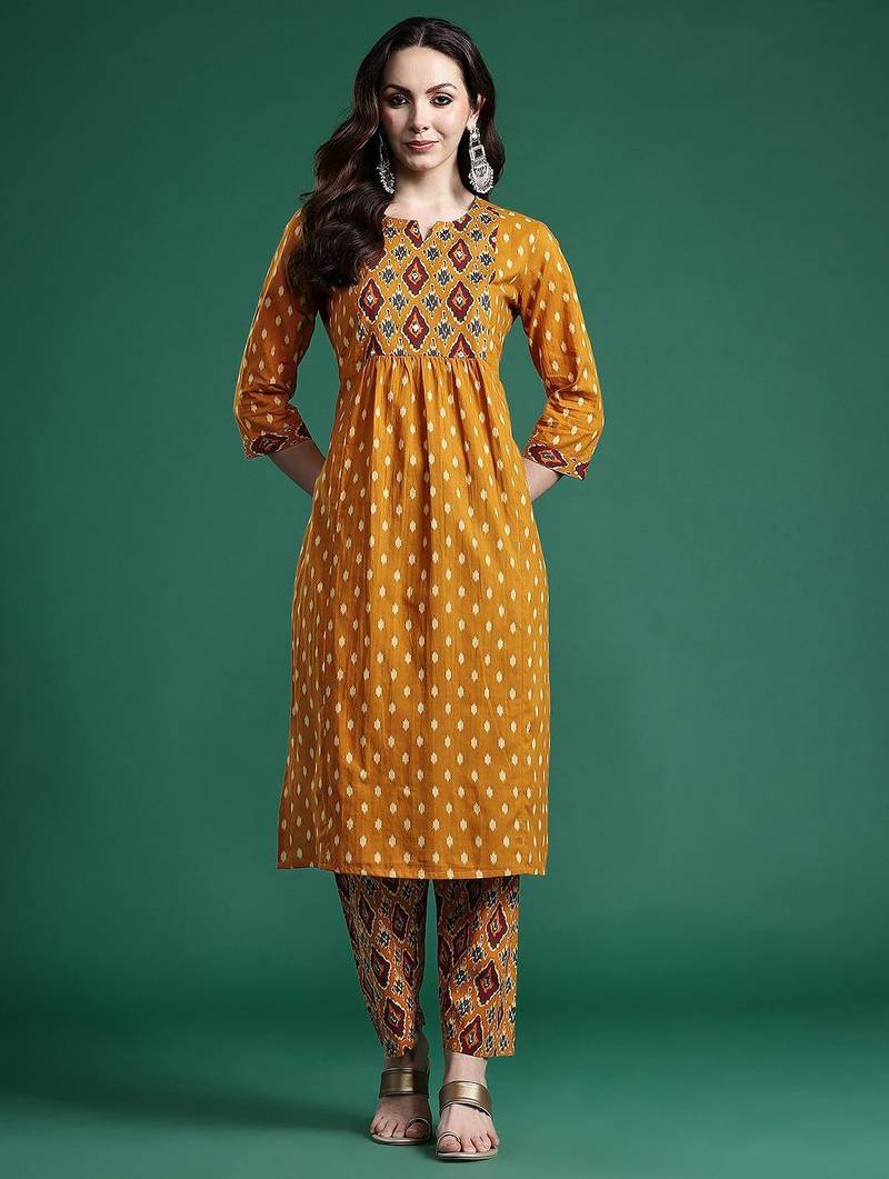 Women Printed Pleated Mirror Work Pure Cotton Kurta with Trousers