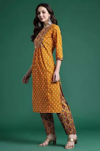 Women Printed Pleated Mirror Work Pure Cotton Kurta with Trousers