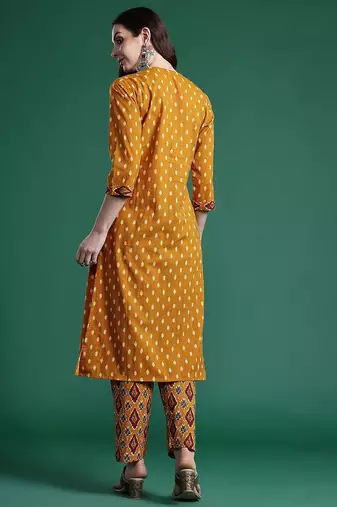 Women Printed Pleated Mirror Work Pure Cotton Kurta with Trousers