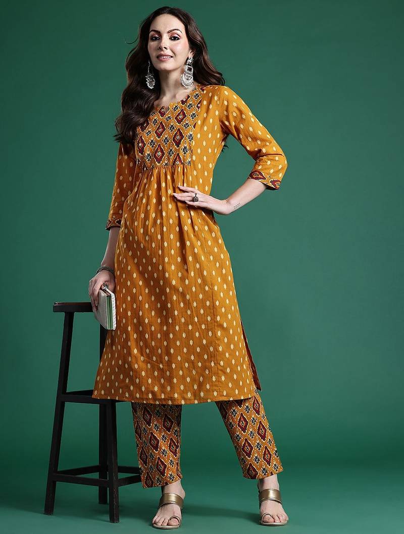 Women Printed Pleated Mirror Work Pure Cotton Kurta with Trousers