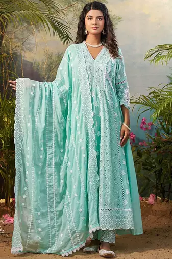 Women Floral Embroidered Cotton Kurta with Trousers & Dupatta