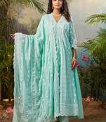 Women Floral Embroidered Cotton Kurta with Trousers & Dupatta