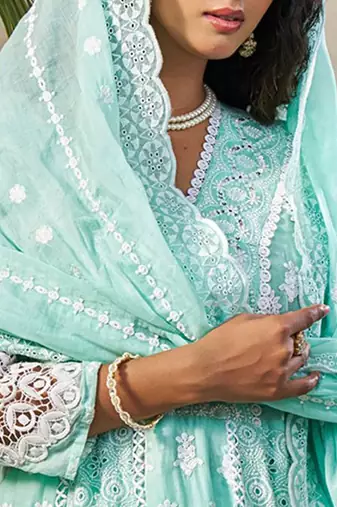 Women Floral Embroidered Cotton Kurta with Trousers & Dupatta