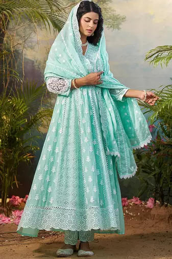 Women Floral Embroidered Cotton Kurta with Trousers & Dupatta