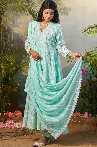 Women Floral Embroidered Cotton Kurta with Trousers & Dupatta