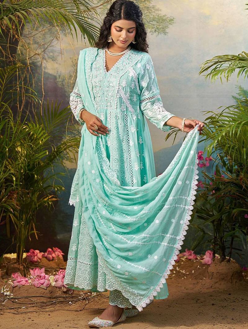 Women Floral Embroidered Cotton Kurta with Trousers & Dupatta