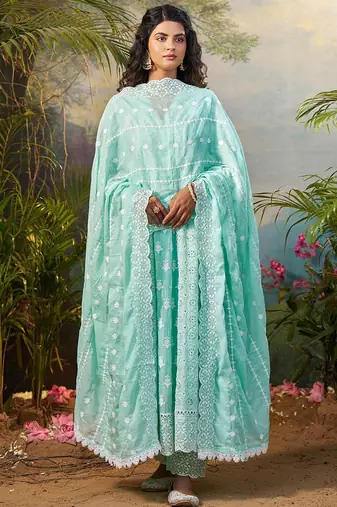 Women Floral Embroidered Cotton Kurta with Trousers & Dupatta