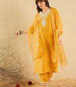 Floral Yoke Design V-Neck Straight Kurta With Trousers & Dupatta