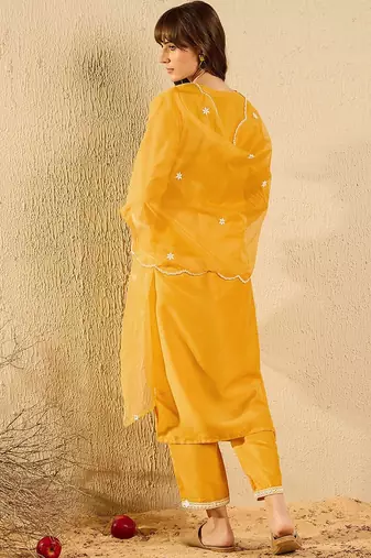 Floral Yoke Design V-Neck Straight Kurta With Trousers & Dupatta