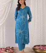 Floral Embroidered V-Neck Thread Work Straight Kurta With Trousers