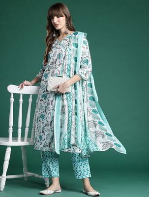 floral printed  cotton kurta with trousers & with dupatta 1