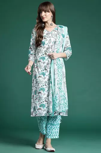 Floral Printed Pure Cotton Kurta with Trousers & With Dupatta