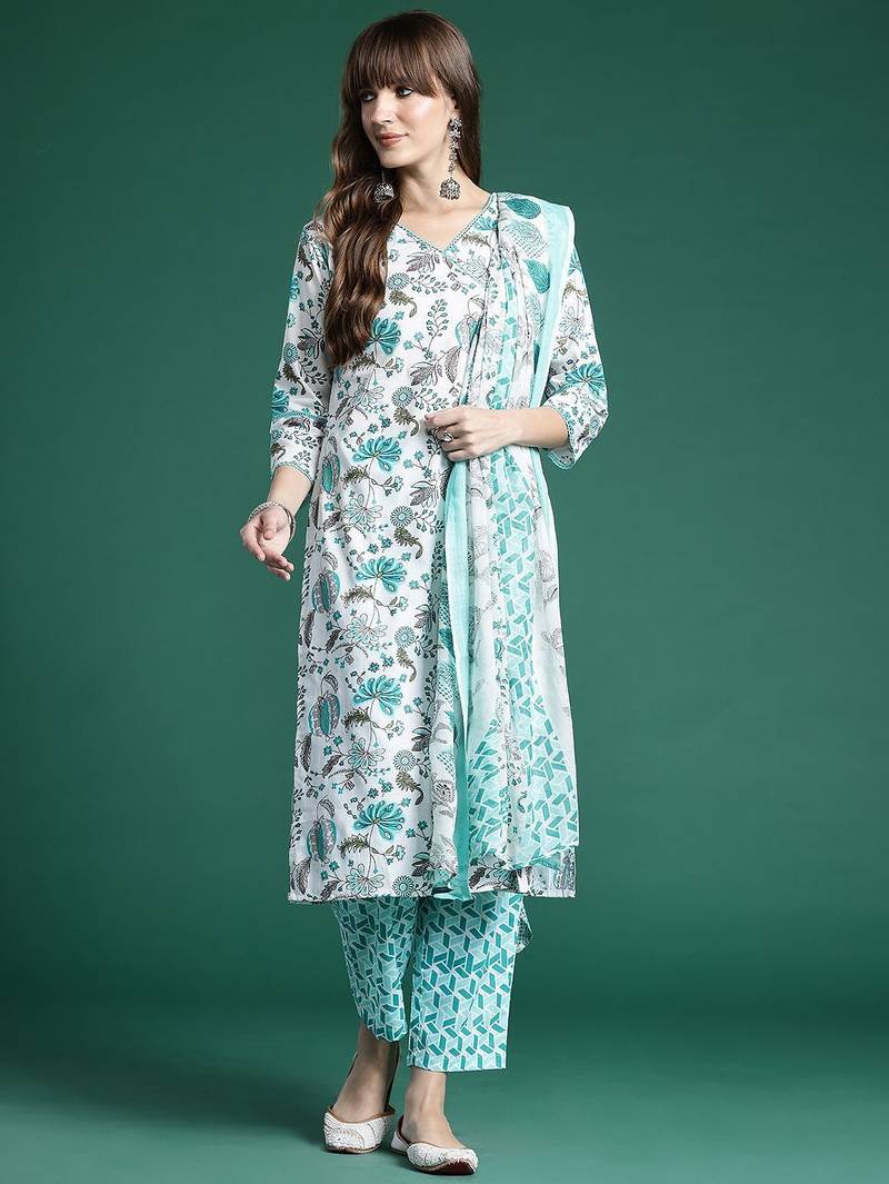 floral printed  cotton kurta with trousers & with dupatta