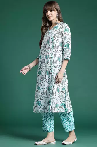 Floral Printed Pure Cotton Kurta with Trousers & With Dupatta