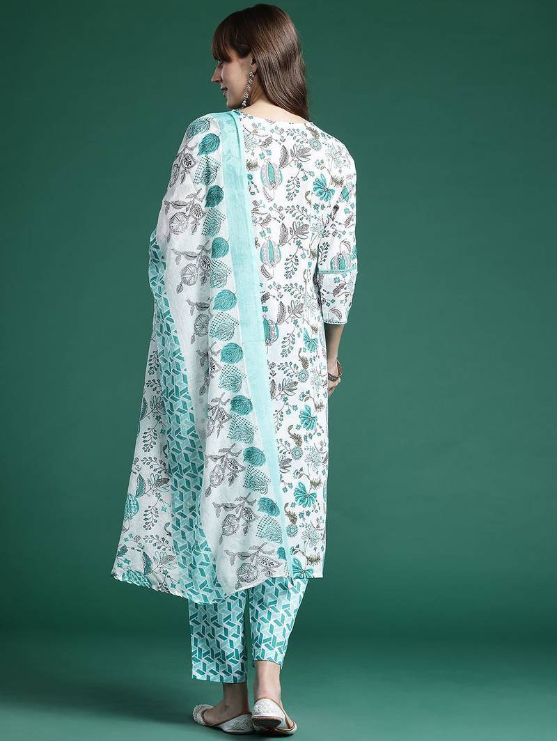 floral printed  cotton kurta with trousers & with dupatta