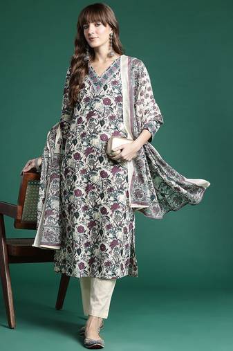 Floral Printed Regular Pure Cotton Kurta with Trousers & Dupatta
