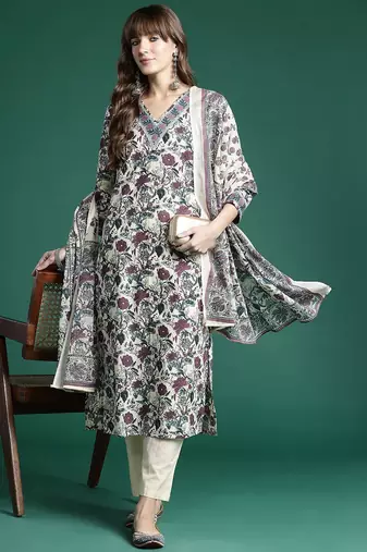 Floral Printed Regular Pure Cotton Kurta with Trousers & Dupatta