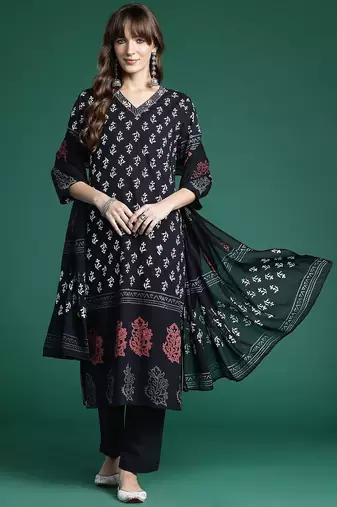 Floral Printed Regular Pure Cotton Kurta with Trousers & Dupatta