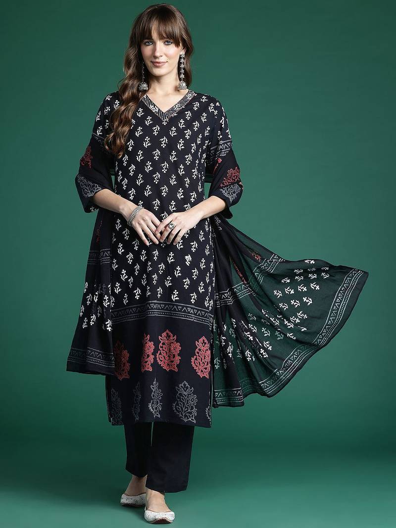 Floral Printed Regular Pure Cotton Kurta with Trousers & Dupatta