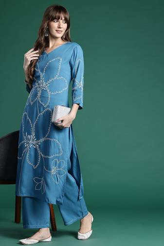 Floral Embroidered Thread Work Kurta with Palazzos