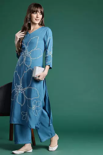 Floral Embroidered Thread Work Kurta with Palazzos