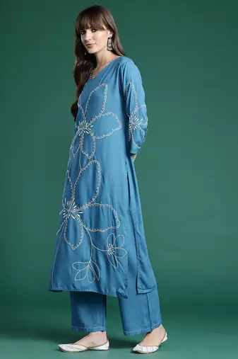 Floral Embroidered Thread Work Kurta with Palazzos