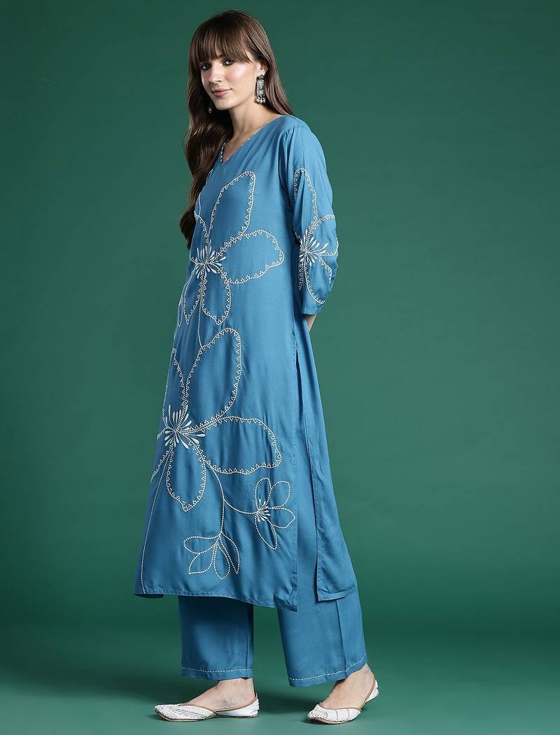 Floral Embroidered Thread Work Kurta with Palazzos