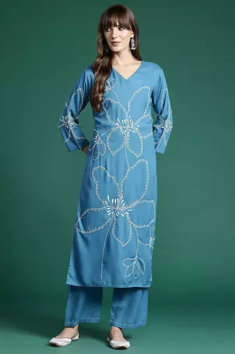 Floral Embroidered Thread Work Kurta with Palazzos