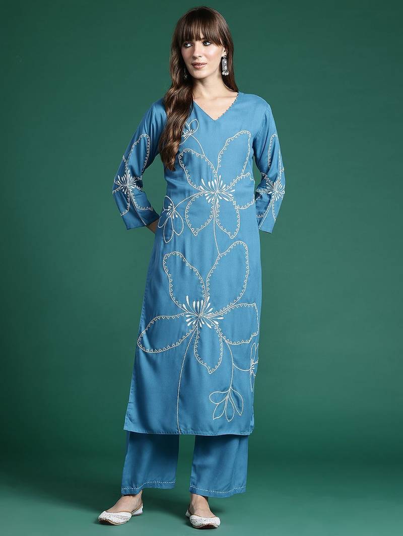 Floral Embroidered Thread Work Kurta with Palazzos