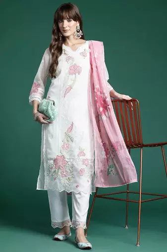 Women Floral Embroidered Panelled Thread Work Kurta With Trousers & Dupatta