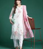 Women Floral Embroidered Panelled Thread Work Kurta With Trousers & Dupatta