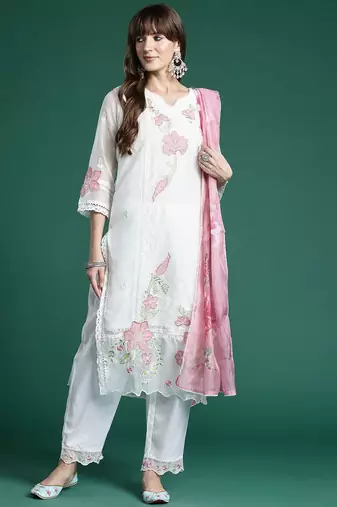 Women Floral Embroidered Panelled Thread Work Kurta With Trousers & Dupatta