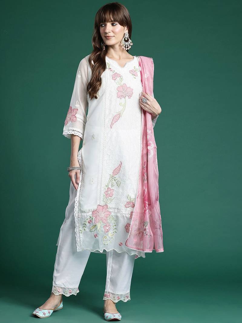 Women Floral Embroidered Panelled Thread Work Kurta With Trousers & Dupatta