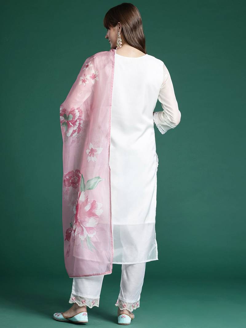 Women Floral Embroidered Panelled Thread Work Kurta With Trousers & Dupatta