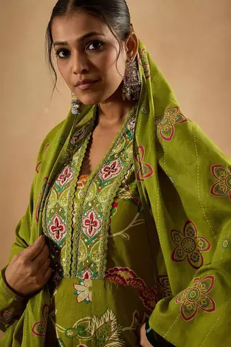 Floral Printed Empire Pure Cotton Anarkali Kurta With Trouser & Dupatta