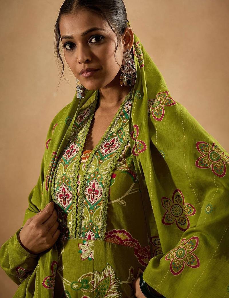 Floral Printed Empire Pure Cotton Anarkali Kurta With Trouser & Dupatta