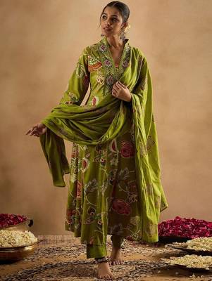 Floral Printed Empire Pure Cotton Anarkali Kurta With Trouser & Dupatta 1