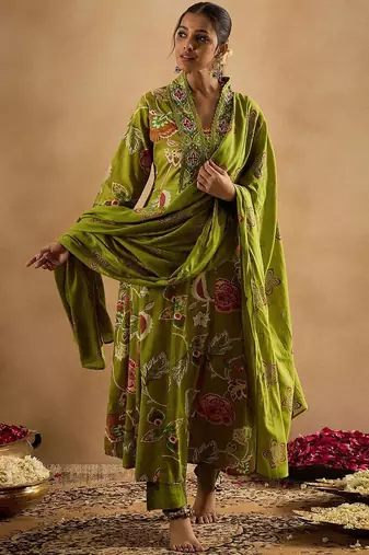 Floral Printed Empire Pure Cotton Anarkali Kurta With Trouser & Dupatta