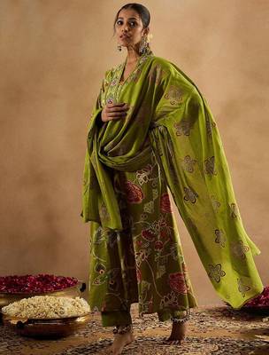 Floral Printed Empire Pure Cotton Anarkali Kurta With Trouser & Dupatta 3