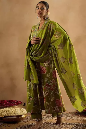 Floral Printed Empire Pure Cotton Anarkali Kurta With Trouser & Dupatta