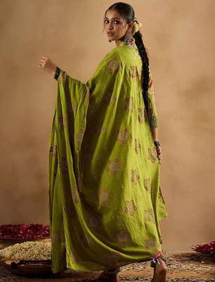 Floral Printed Empire Pure Cotton Anarkali Kurta With Trouser & Dupatta 4