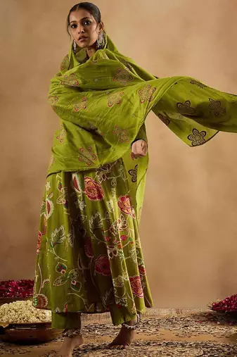 Floral Printed Empire Pure Cotton Anarkali Kurta With Trouser & Dupatta